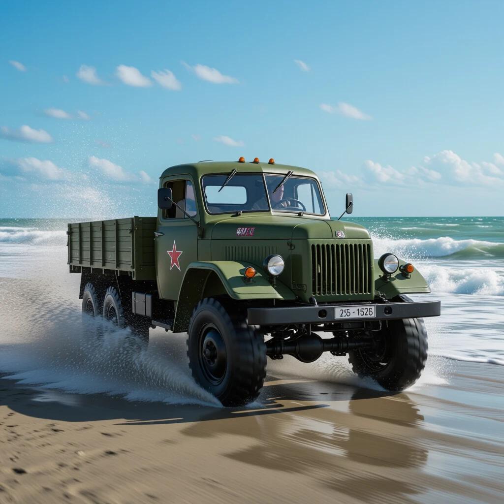 Ultra realistic action photography of a 1954 Soviet 6x6 military truck. Truck in olive drab color drives at high speed along ocean shoreline. Left wheels churn through ocean waves creating splashes. Right wheels are on wet sand. Driver is partially visible through the windshield in silhouette. Scene takes place at sunset during golden hour with stormy ocean and dramatic clouds. Shot captures a low depth of field with incredible detail. Uses f/1.4 aperture and 1/1000s shutter speed for motion capture.