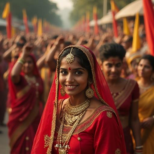 A scene depicting a vibrant crowd at a festival. A woman in a red saree smiles, adorned with traditional jewelry against a backdrop of people celebrating.