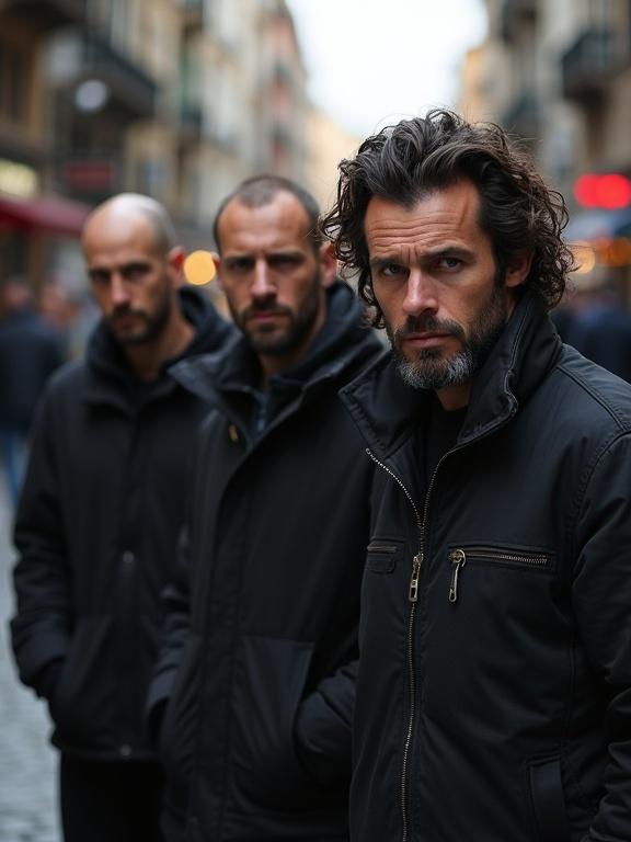 Three gangsters in a Turkish street stare menacingly into the camera. One has a bald head and the other has thick, wavy hair. All wear black jackets.