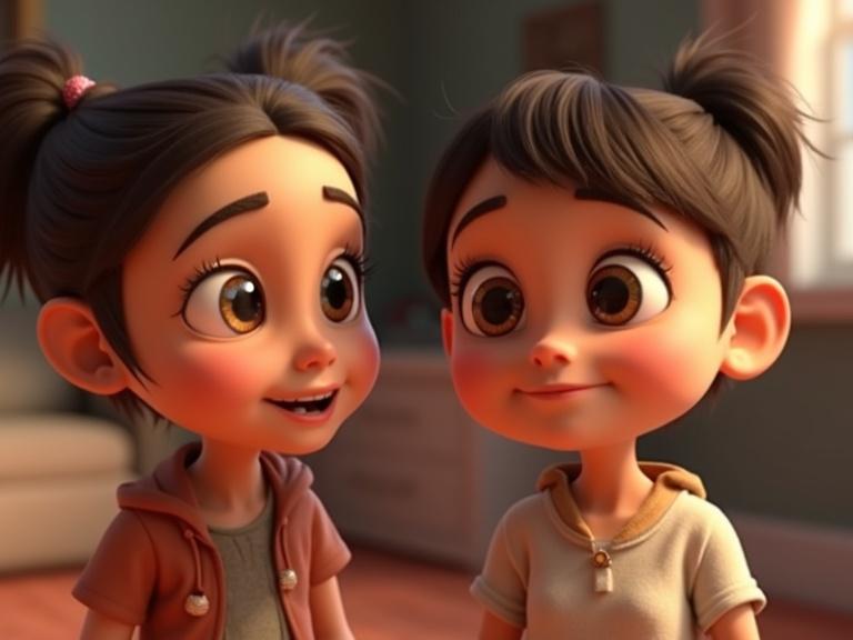 Stylized 3D animation scene featuring two cartoon children. Large emotive eyes and round features. Soft fabric clothing with visible stitching. Smooth skin texture. Volumized hair. Warm lighting with cinematic shadows.