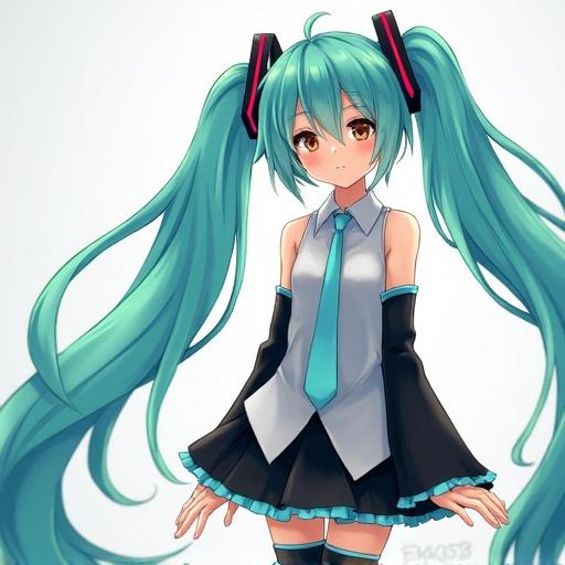 Character design of Hatsune Miku from Vocaloid. She has long aqua hair and wears a stylish outfit. The pose is relaxed and engaging. Attention to detail in the hair and outfit. Background is simple to enhance focus on the character.