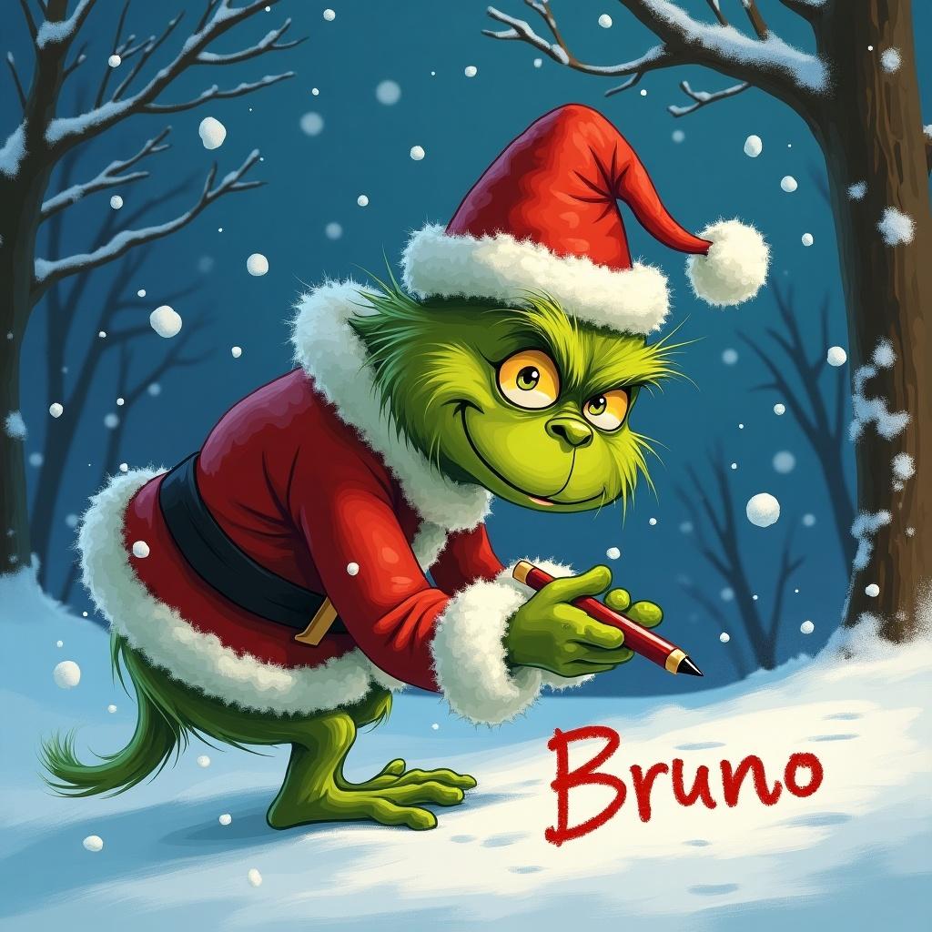 A cartoon grinch wearing a Santa hat writes the name Bruno in the snow. The scene includes falling snowflakes and a winter background.