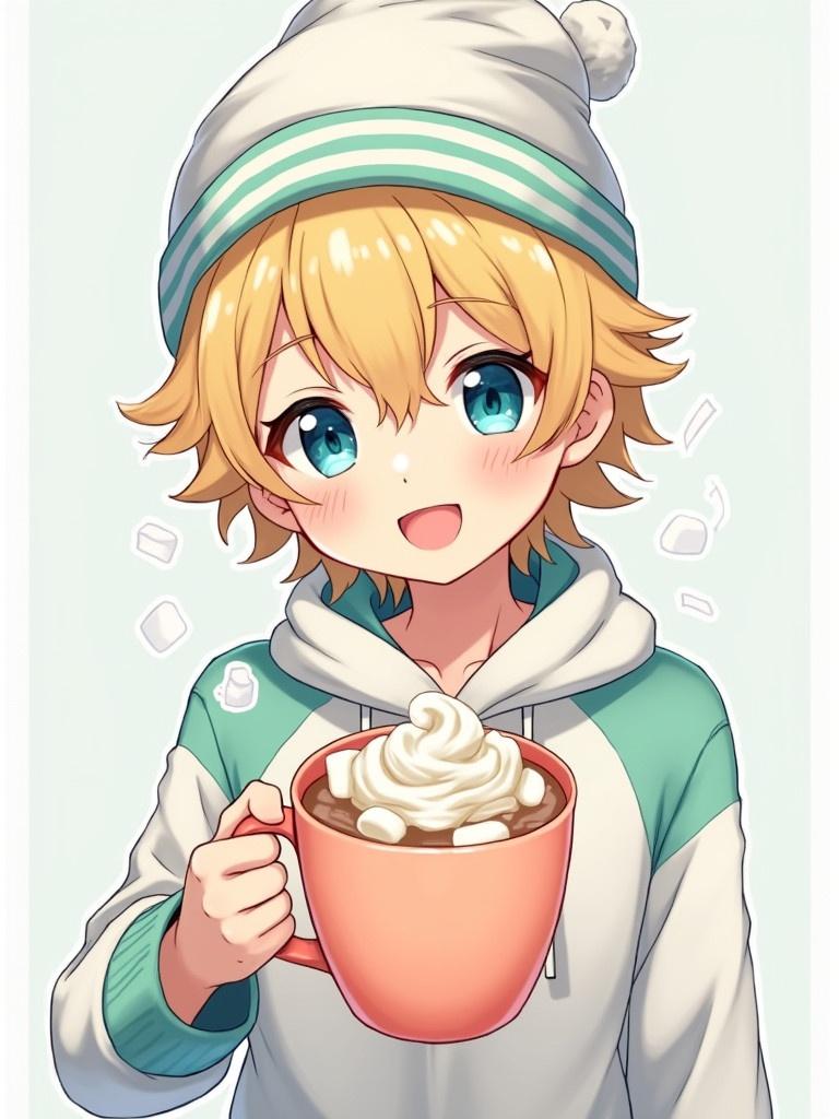 Anime boy with blonde curly hair wearing a white beanie with green stripes. Bright blue eyes and a smile. He wears a white hoodie with green striped collar and sleeves. Holding a peach mug of hot chocolate with steam, whipped cream, and marshmallows.