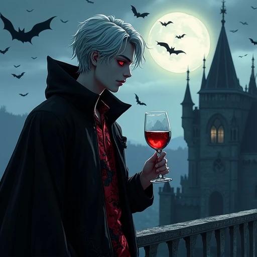 A vampire boy stands on a terrace of a Gothic castle. He has silver hair and red eyes. He wears a black windbreaker. Bats form a silhouette in the night sky. In his hand he holds a glass of red wine reflecting the full moon. The hem of the windbreaker flutters in the wind. A rose pattern is visible on the shirt inside. The boy is on the right side. The castle and night sky dominate the scene. The colors are dark and cold with delicate smooth lines for a mysterious and elegant atmosphere.