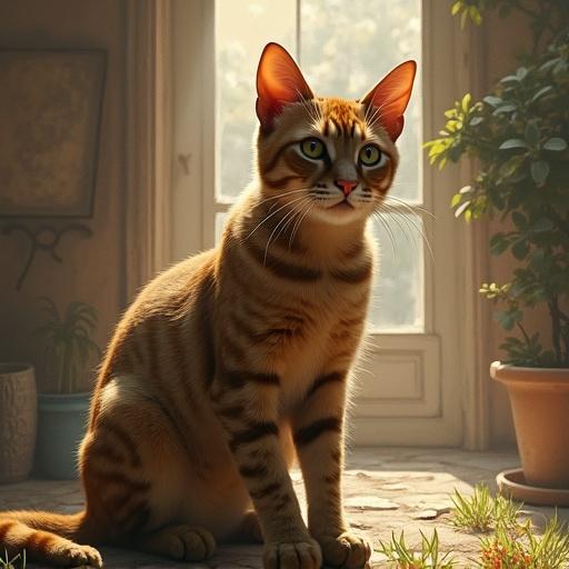 Cat sitting in a sunlit room with plants and a warm atmosphere.