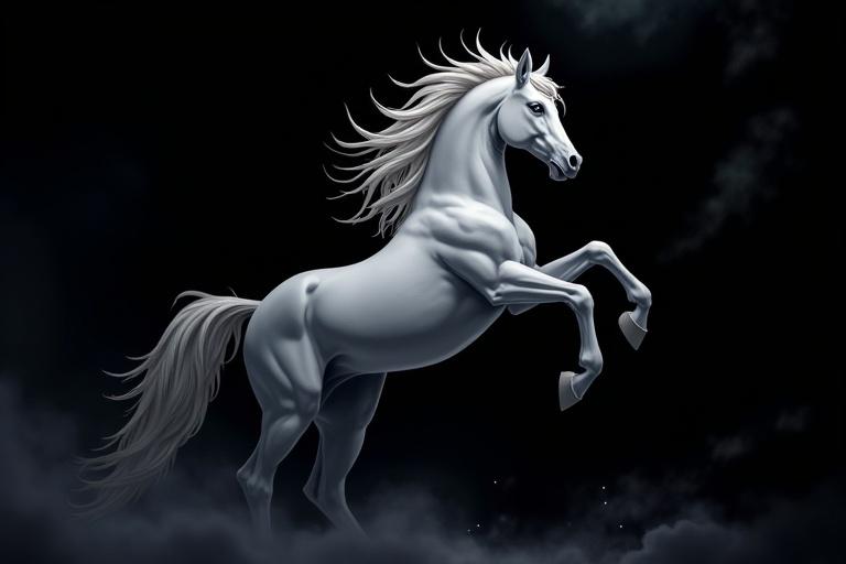 Isolated black anime background. Majestic gray horse rearing up against a dark swirling background.