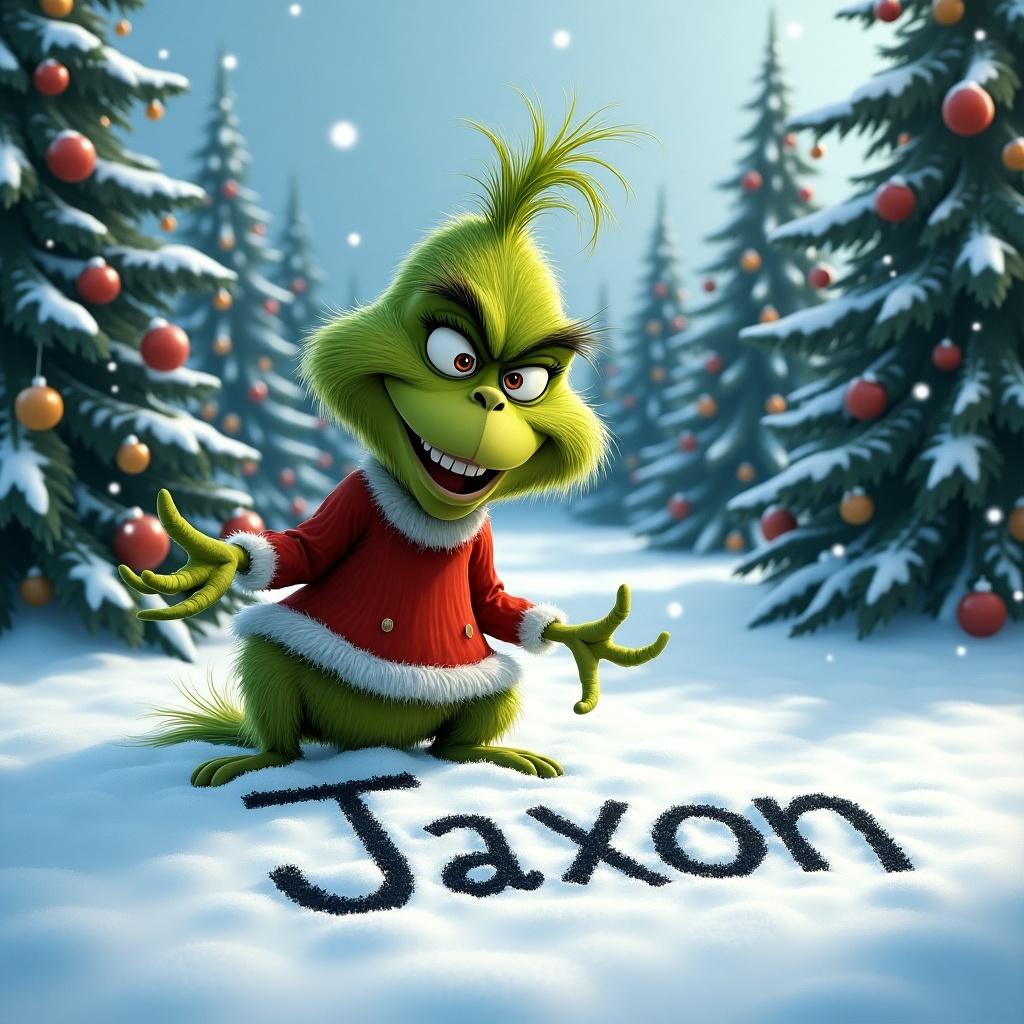 The Grinch stands in a snowy winter setting. Christmas trees with ornaments surround the scene. The Grinch is writing the name 'Jaxon' in the snow.