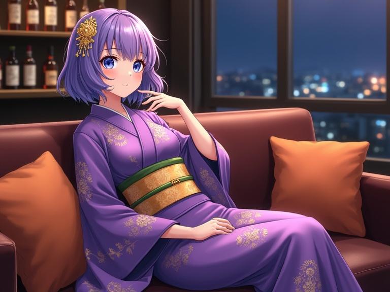 Anime-style illustration of a young woman with short wavy purple hair and blue eyes. She wears a purple kimono with gold floral patterns and a gold obi. An ornate gold hairpin adorns her hair. She reclines on a brown sofa with orange cushions. The setting is a cozy bar or lounge at night with a view of city lights outside a window. The atmosphere is elegant and serene.
