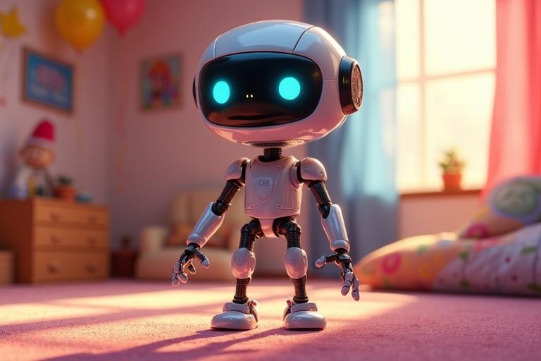 3D animated scene shows a decorated bedroom for a birthday party. Robot Zumo stands excited with glowing eyes wearing metallic outfit. Bright colors fill the room with birthday decorations and a happy child in the background.