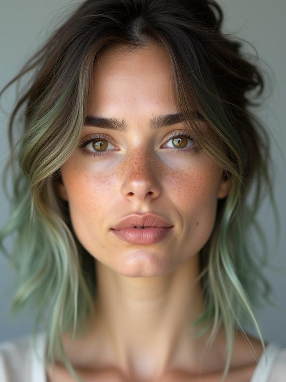 Photorealistic close-up portrait of a striking young woman with hazel almond eyes and dense freckles. Styled with tousled shoulder-length hair featuring muted ashy-green dip-dye. Head centered and facing forward with a neutral expression. Soft studio lighting on light gray background. Shot with Canon EOS R5 at 85mm f/1.4 with shallow depth of field.