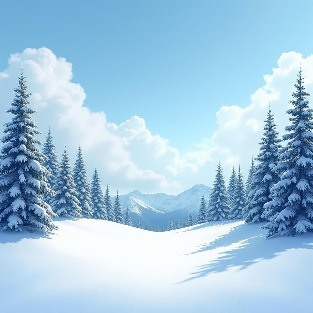 Serene snowy landscape with tall pine trees. Clear blue sky above, fluffy clouds creating tranquility. Perfect winter scene. No mountains present.