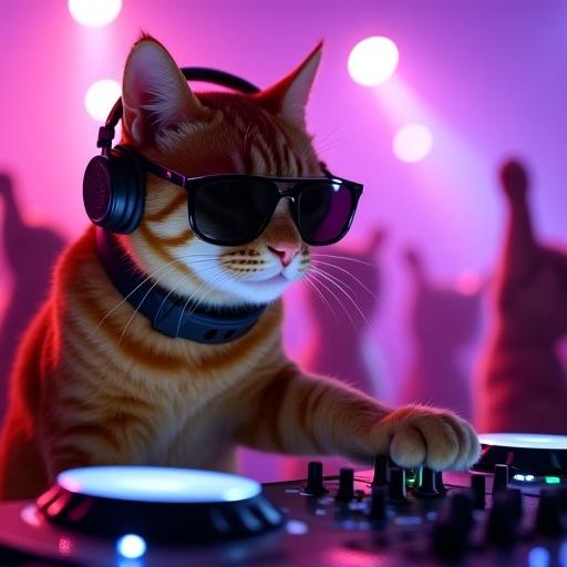 Close-up of ginger cat wearing sunglasses and oversized DJ headphones mixing track at professional DJ deck with paw. Background has dancing cats on hind legs with vibrant purple and pink neon lights. Emphasizes party energy with slightly blurred background.