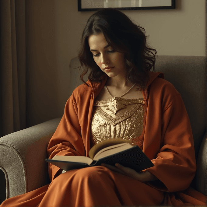 A woman in an orange robe reads a book while sitting on a chair.