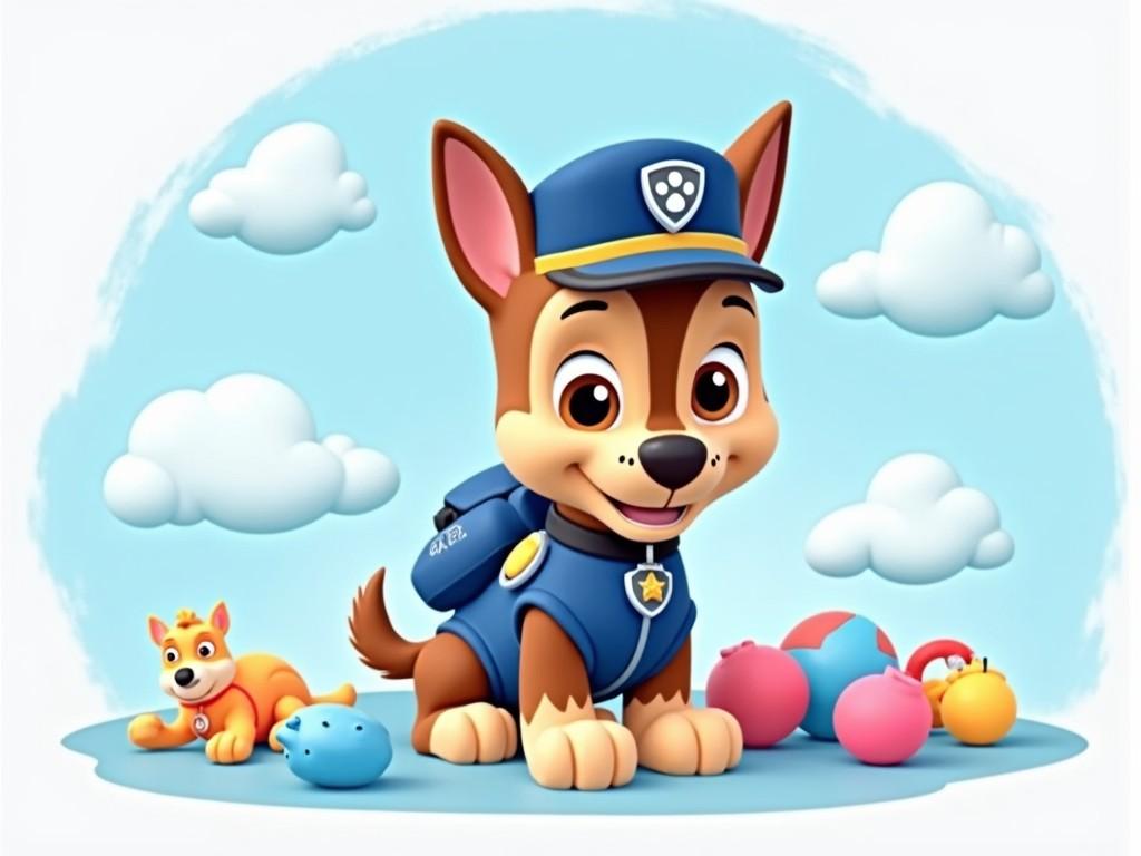 The image showcases Chase, a popular character from Paw Patrol, designed in cheerful pastel blue colors. He is depicted wearing his signature uniform and a friendly expression. Nearby, there is a smaller dog representing another character from the show. The background includes fluffy white clouds, adding to the playful tone. The scene is bright and inviting, making it appealing for children. The overall composition is suitable for children's products and media.