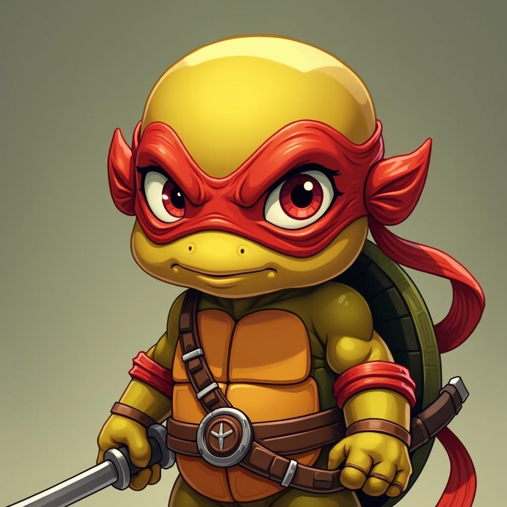 New Teenage Mutant Ninja Turtle character appears in 2D anime style. Character has gold skin and red eyes. Design reflects Rise of the Teenage Mutant Ninja Turtles show.