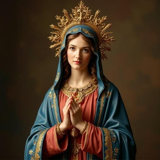 A religious figure known as Madonna. The figure is wearing a blue cloak with a golden halo. The expression is serene and prayerful. Hands are clasped in front, creating a sense of devotion. The background is dark to highlight the figure's features.