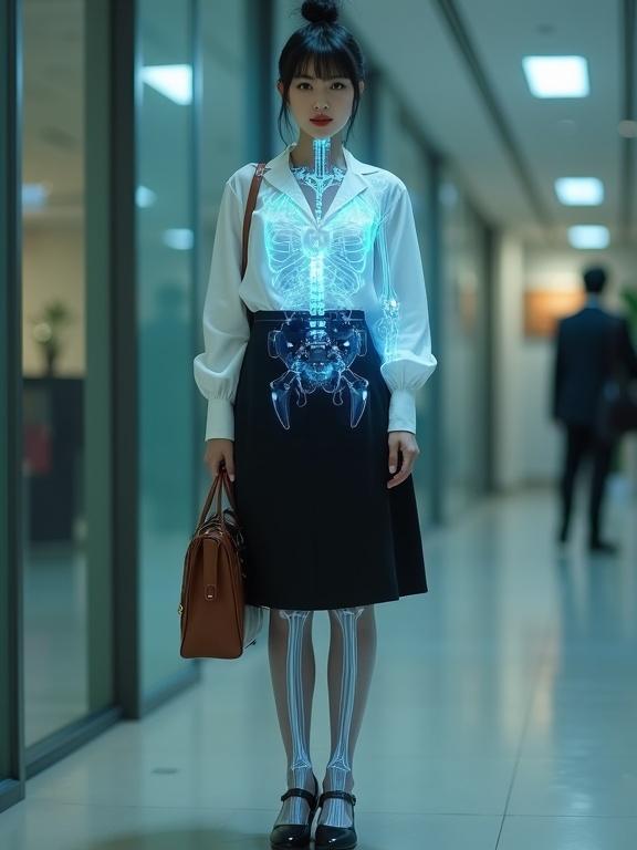 Full-body image of a mid-20s East Asian cyborg female spy. Semi-transparent holographic X-ray scan shows mechanical cyborg components inside her body. Dressed in a pearl-white V-neck wrap-around chiffon blouse and a black knee-length skirt. Legs in sheer black pantyhose and black closed-toe low-block-heels with ankle-strap. Neatly bunned black hair and cute red lips. Slinging a brown satchel standing in her agency.
