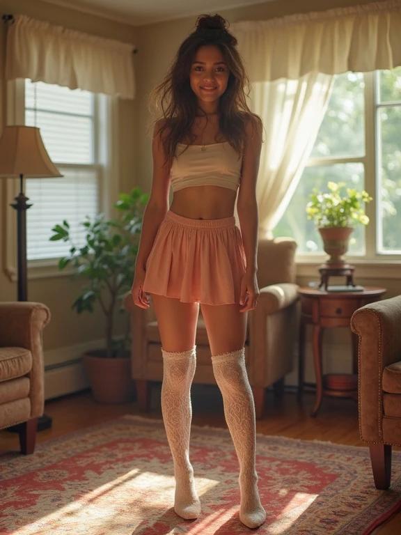 A young woman stands confidently in a soft, casual outfit. She wears a white crop top and a pink pleated mini skirt. Her thigh-high socks feature lace details. The setting is a cozy living room with bright natural light and a colorful carpet. Furniture in the background adds warmth to the scene through moderately saturated colors, creating a relaxed feel.