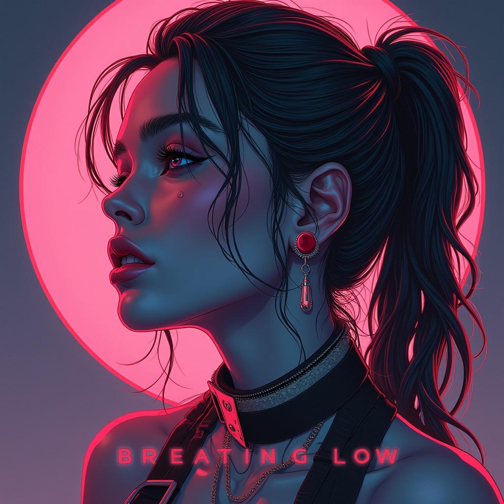 Complex futuristic art depicting a woman on a music album cover. Features neon colors and captioned Breathing Low.