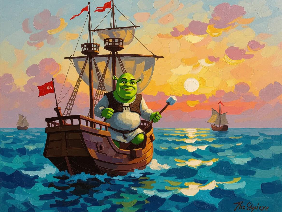 A painting in classical oil painting style. Hyper-detailed thick brushstrokes are clearly visible. Every detail of the brushstroke is depicted with a large brush and a lot of oil paint. Shrek is on a pirate ship during sunset. The scene includes multiple ships sailing in the background.