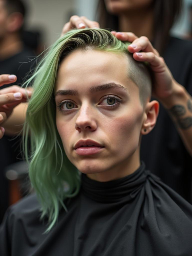 Billie Eilish getting head shaved smooth in barbershop. Focus on the haircut process. Hands are styling the hair. Background is blurred. She has mint green hair. A hairdresser is present.