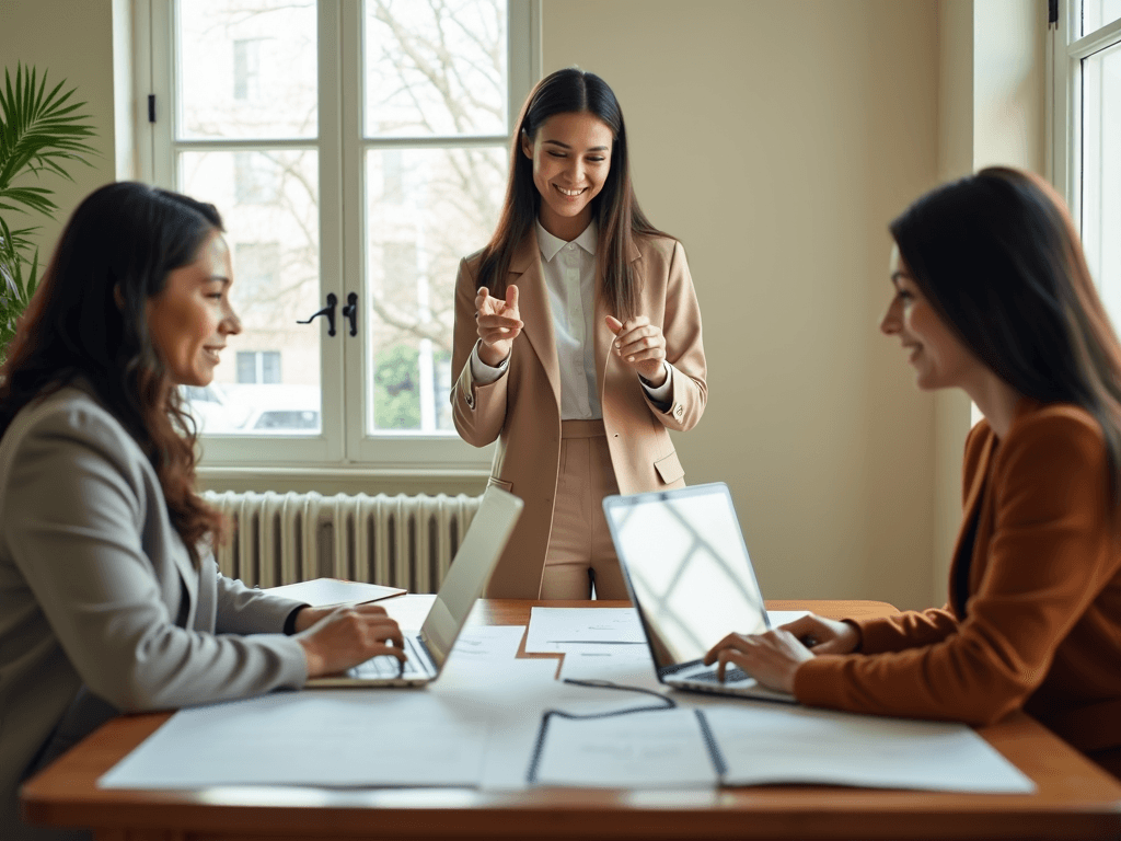 Three colleagues collaborate in an office, engaged in a discussion with laptops and documents on the table.