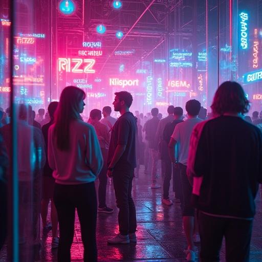 Collage of internet slang terms as glowing neon signs. Young people interact in a cyberpunk vibrant setting. The scene reflects a digital community using contemporary slang. Artistic representation captures evolving communication.