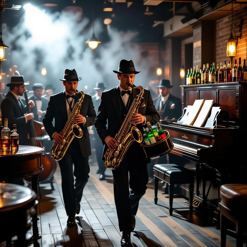Scene in a 1920s speakeasy with musicians playing saxophones. Workers moving about purposefully. Bottles hidden in saxophone cases. Elegant bar setting with a piano and vintage decor.