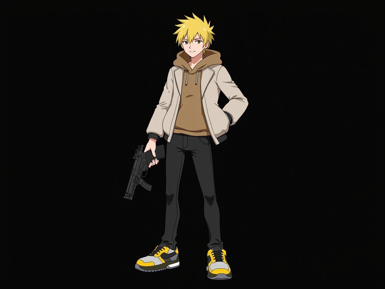 The image features an animated character standing confidently. This character has a lean build and is dressed in a stylish outfit combining a light jacket and a brown hoodie underneath. They are holding a firearm, showcasing a sense of action and readiness. Their hair is a vibrant blonde color, adding to their distinctive look. The character wears black pants with sporty shoes that have yellow accents, emphasizing a modern and athletic style. The background is solid black, making the character stand out prominently.