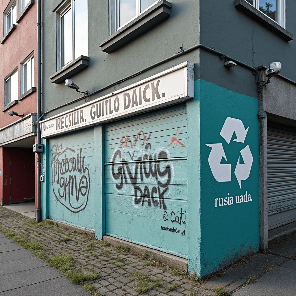 A graffiti-covered wall promoting recycling on an urban street corner.