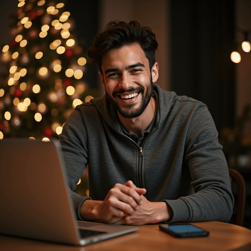 A joyful person smiling beside a bokeh-lit Christmas tree with a laptop in front.