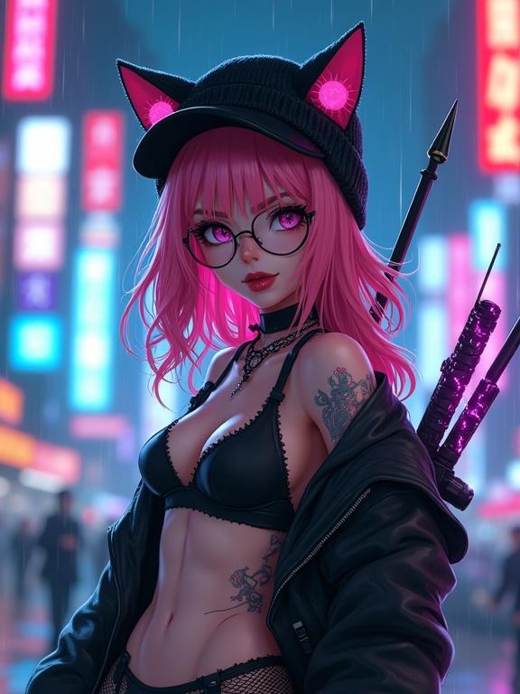 A realistic female warrior with long pink hair and red tips. She wears a black winter hat with cat ears, a leather jacket, and bikini clothes. The scene is set in a futuristic cityscape with neon lights and a rainy atmosphere. Her round glasses are visible; she has black-painted nails. The character sticks her tongue out playfully, looking cute and mature, with cybernetic tattoos. The glaive on her back has glowing blue and purple circuits.