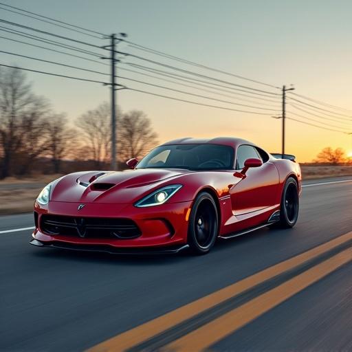 Image of a sleek red sports car on a deserted road during sunset. The car is in motion with a dynamic angle emphasizing speed. Background features trees and power lines against a warm sky.