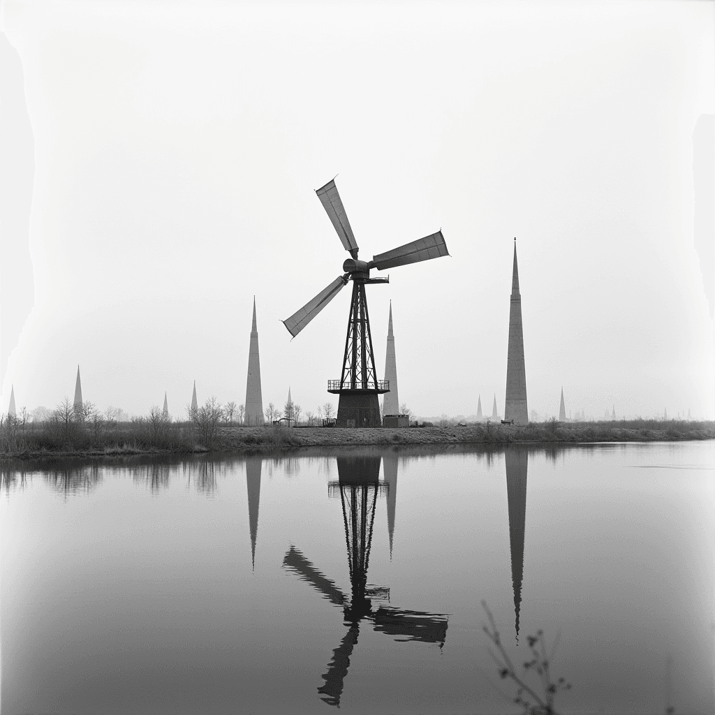 A black and white scene featuring a windmill by a tranquil water body, reflecting both the windmill and surrounding angular spires.