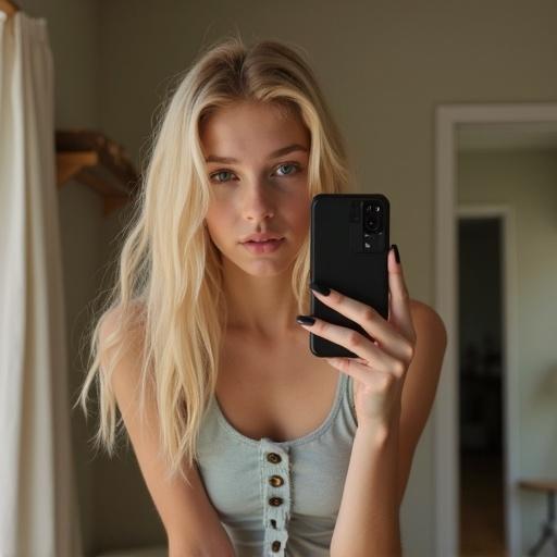 A young girl takes a selfie in front of a mirror. She has long blonde hair and is wearing a casual outfit. The setting is simple and well-lit.