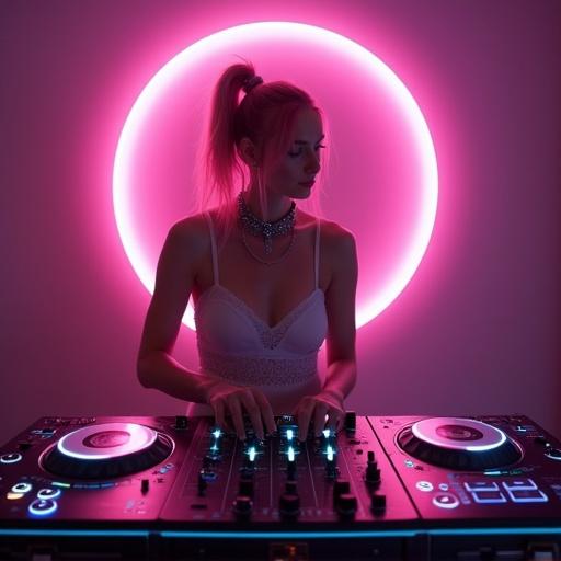 A female DJ with pink hair in a ponytail plays music. She is wearing headphones and operating mixers. The background has neon rainbow lights. The atmosphere is energetic and futuristic. The scene captures fun and lively expressions.