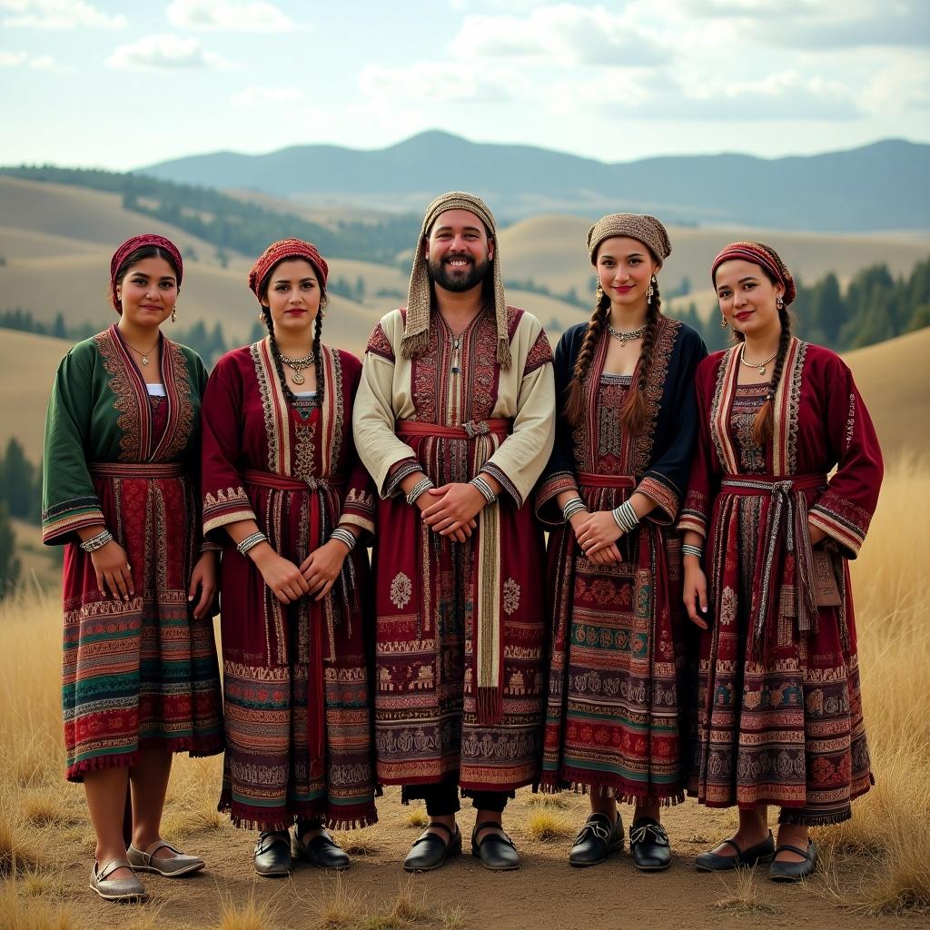 The image features a group of five individuals standing together in a natural outdoor setting. They are wearing traditional folkloric costumes that reflect their cultural heritage. The attire includes rich colors and detailed patterns, highlighting their cultural identity. The backdrop consists of rolling hills and a clear sky, enhancing the beauty of the scene. This gathering symbolizes community and tradition.