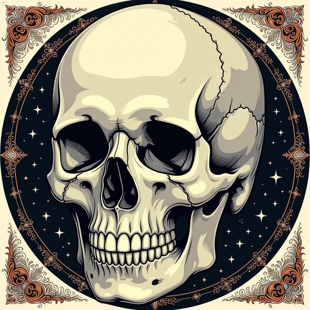 Illustration of a human skull surrounded by ornate decorative elements. The skull is detailed and has a slightly aged look. Background features stars and intricate borders.