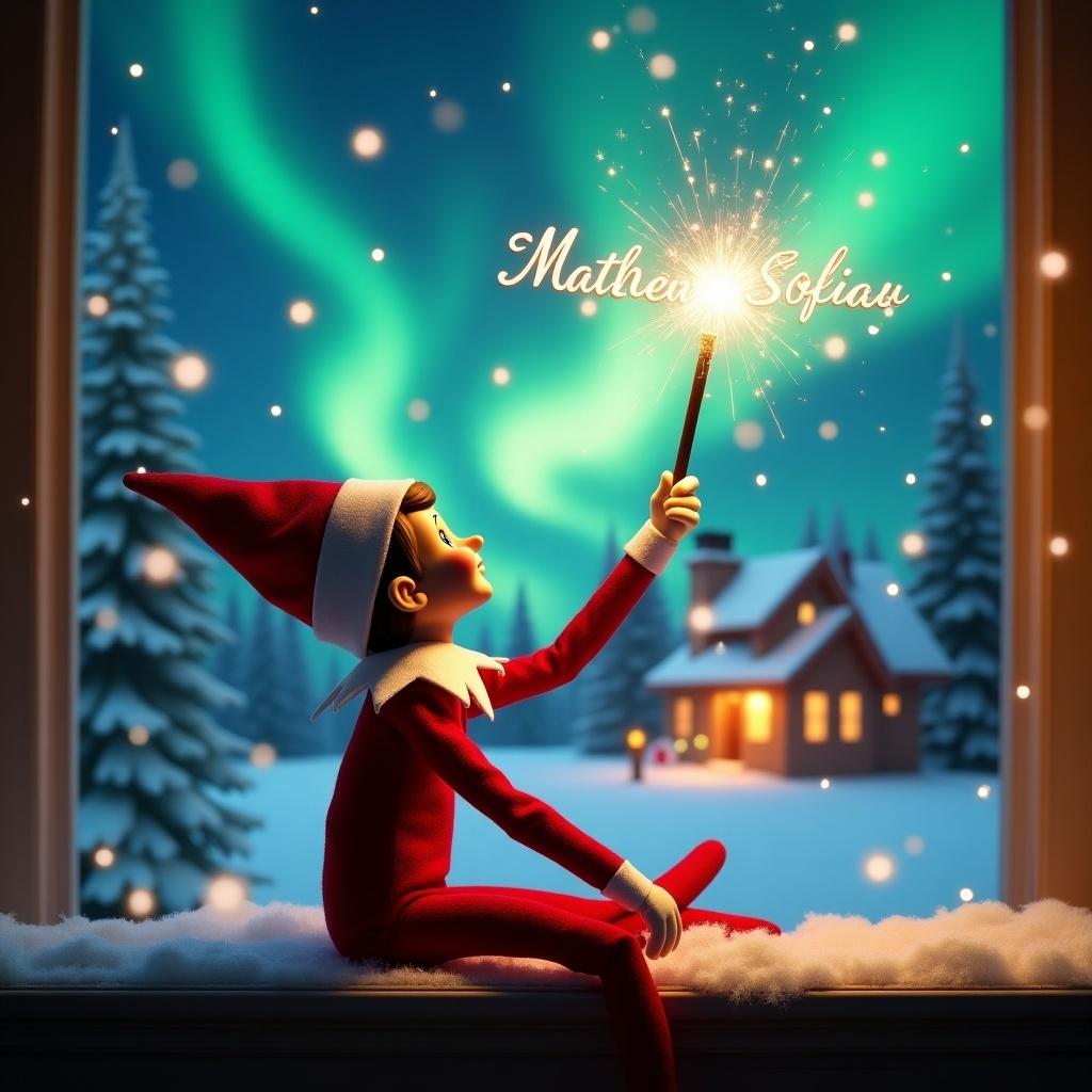 An elf on the shelf sits with its back to the viewer. The elf gazes skyward. It holds a glowing wand emitting sparkling light. The background shows a Christmas scene with colorful northern lights. A cozy, decorated house is in the distance. Snow covers the ground. The elf embodies the spirit of magic and wonder associated with Christmas. Names are written in the air using the wand.