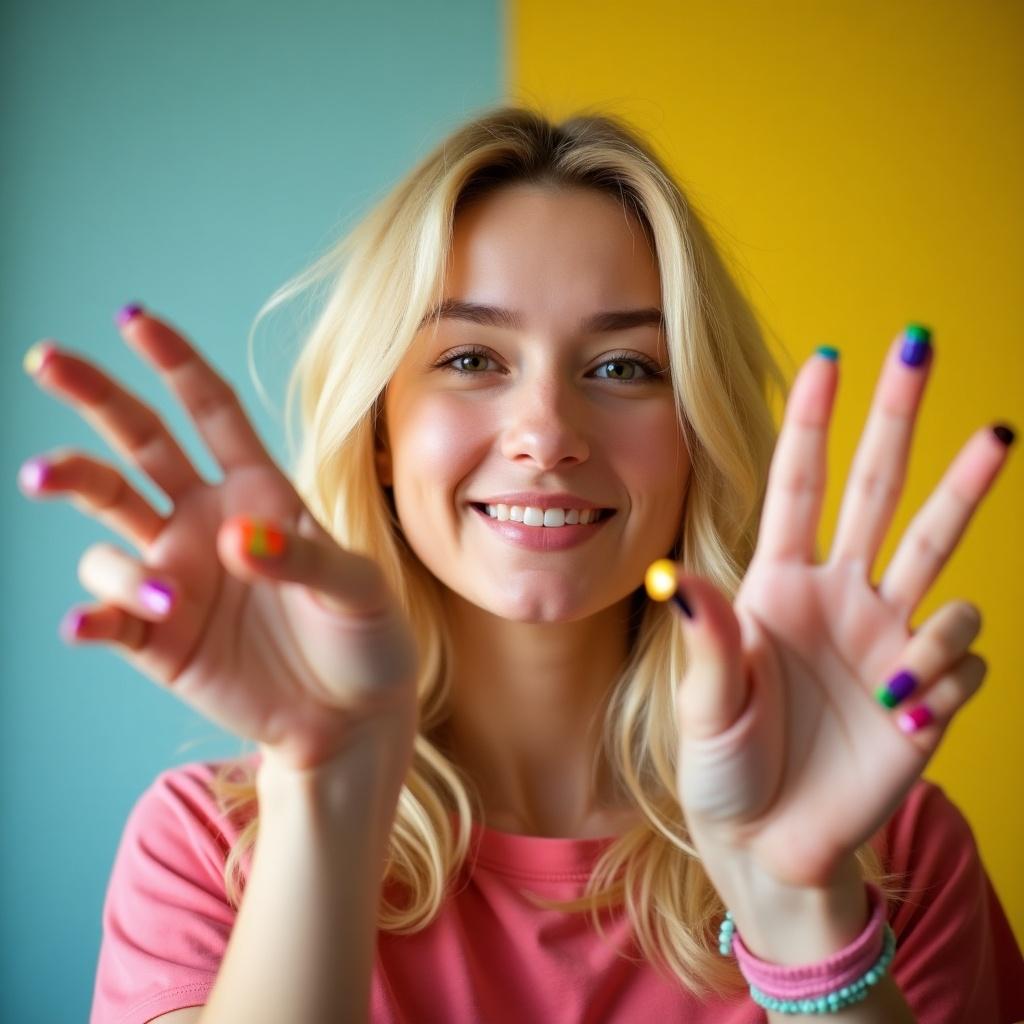 Image of a blonde girl with colorful nails doing a gesture with hands. Background features vibrant colors. Focus on the hands and nails.