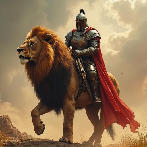A knight from the ancient world riding a lion in a dramatic setting. The knight wears armor and a flowing cape. The lion appears strong and majestic. The background features a cloudy sky with warm tones.