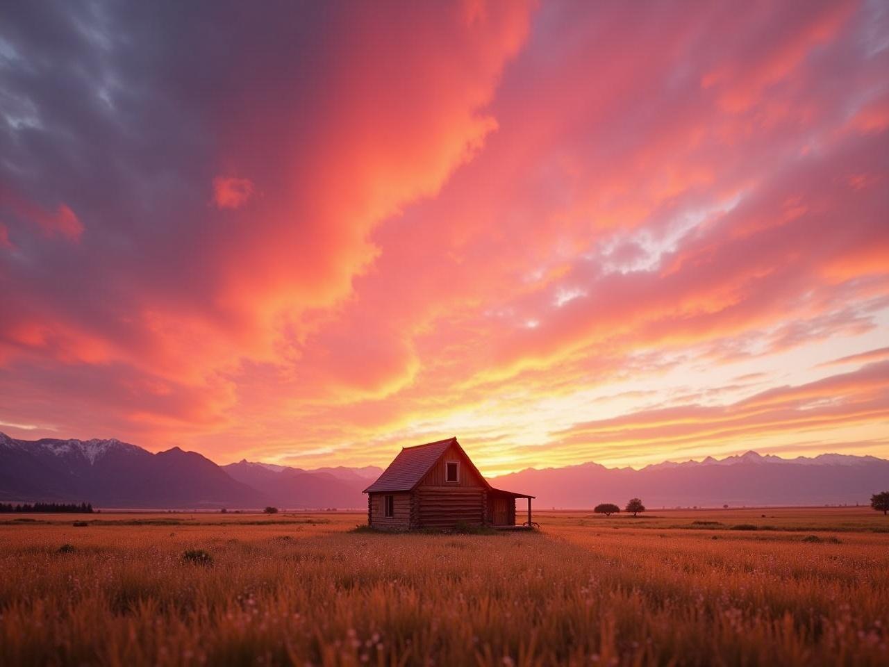 Image features a stunning sunset with vibrant pink and orange sky. Clouds create a dramatic texture. Silhouetted mountains are visible on the horizon. A lone cabin is in the center of a golden field. The lighting and saturation create a serene atmosphere.