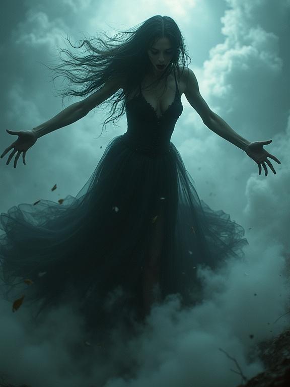 A banshee queen with emaciated figure and flowing hair stands in an eerie mist. She wears a full black gown. Arms stretch forward aggressively. The background is mystical with swirling mist.
