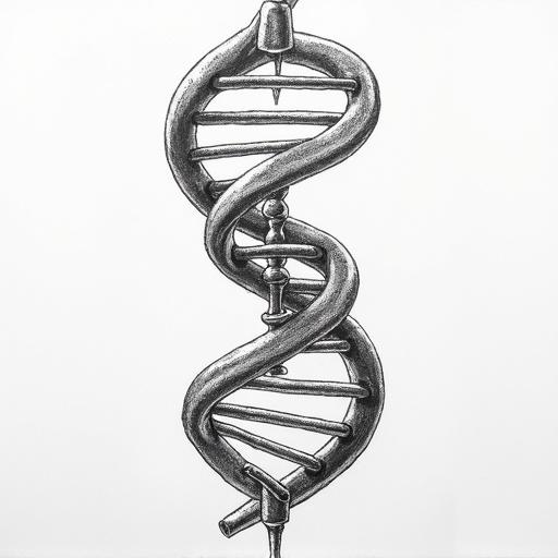 An artistic representation of a DNA double helix. The drawing features a detailed structure including riboses and phosphates. The style is realistic and focused on the genetics theme.