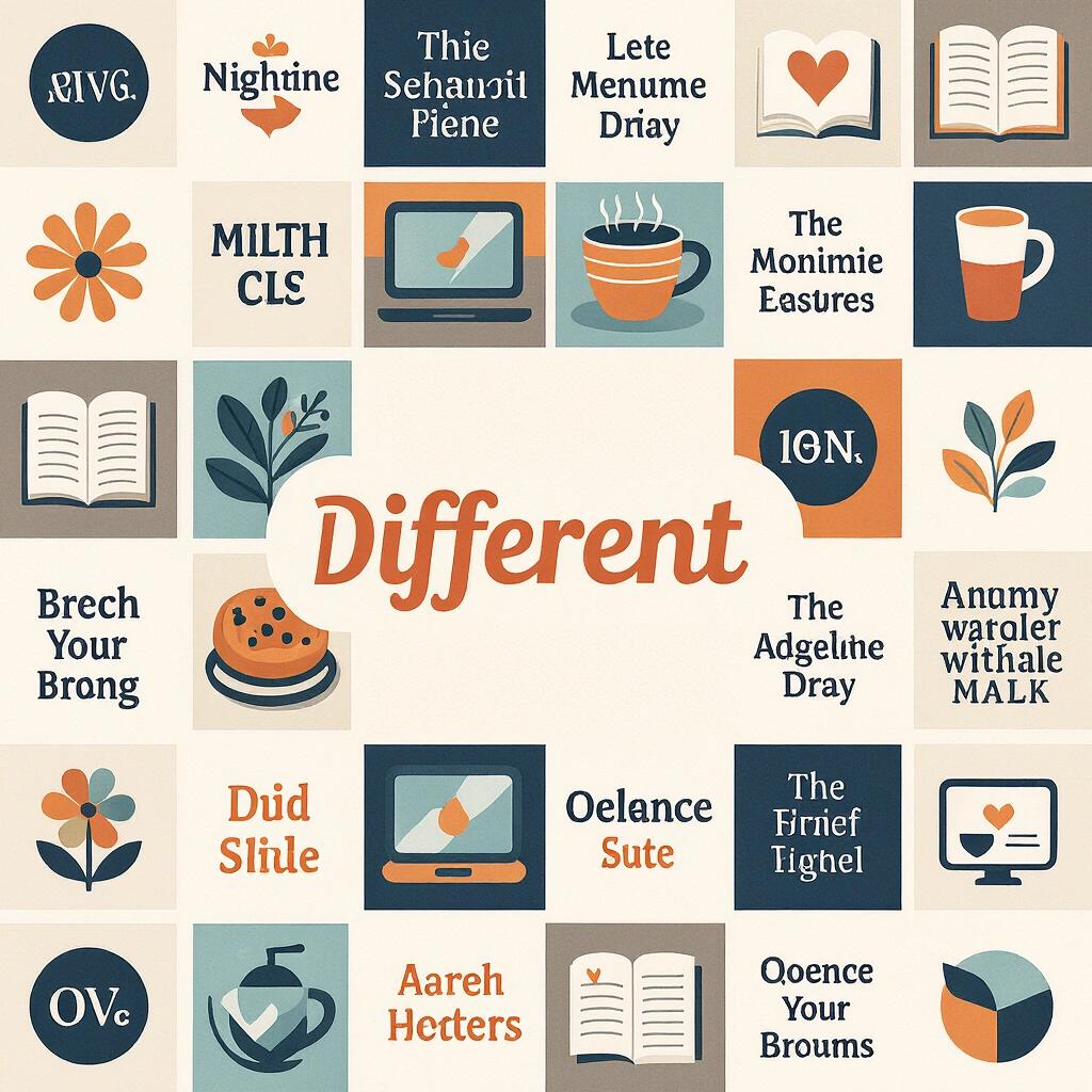Collage of various illustrated elements representing the concept of being different. Central word is 'Different'. Includes books, devices, and decorative icons. Uses modern graphic design.