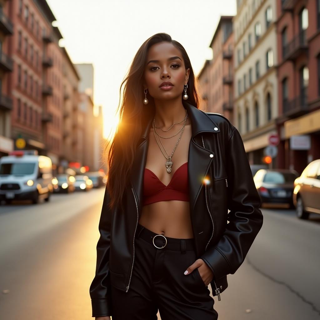 Model in black leather jacket poses in city street. Warm sunset creates golden glow. She wears a red bra and black pants. Urban background with buildings and street traffic.