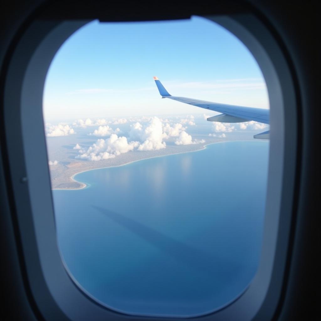 Aerial view of clouds over an ocean seen through a plane window.