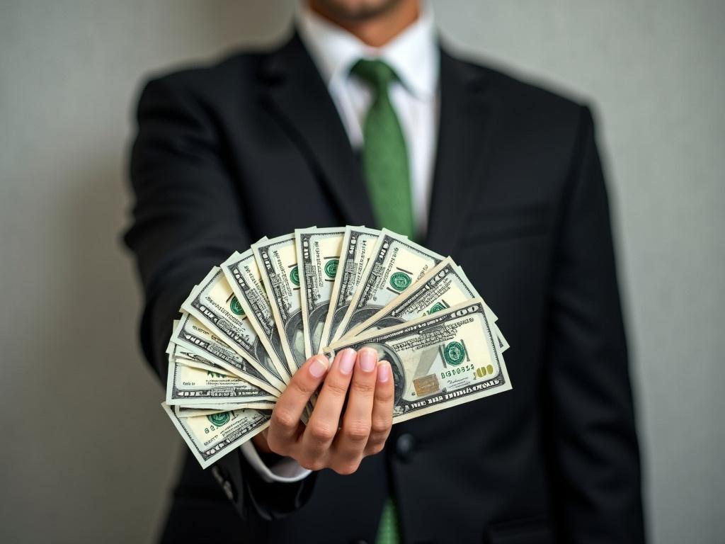 A person dressed in a black suit with a white shirt and a green tie extends a hand holding a fan of U.S. $100 bills towards the camera. The body is visible from neck up to knees. The background is a plain, textured wall. The image conveys wealth and financial success, suitable for business or finance contexts. Watermark 'dreamstime' is visible.