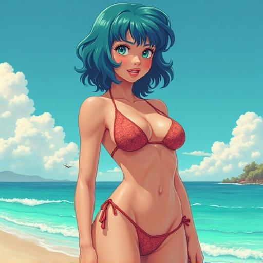 Anime character with teal hair in a bikini at the beach. Sunny day with a seaside background. Character depicts confidence and fun.