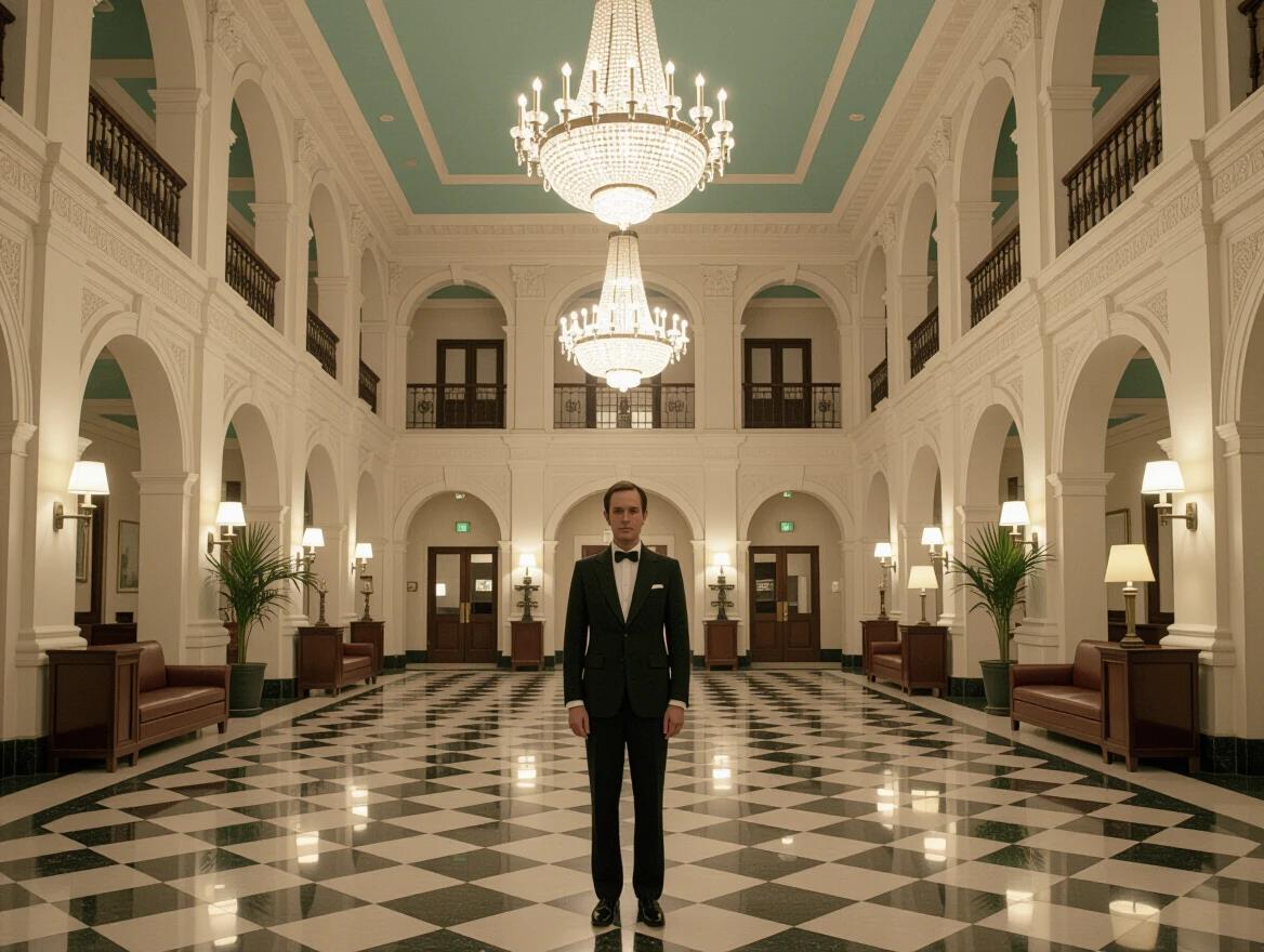 Wes Anderson inspired interior shot of a grand hotel lobby. Symmetrical composition with centered camera. Identical arches and chandeliers on both sides. Subject standing perfectly center. Balanced and formal atmosphere.